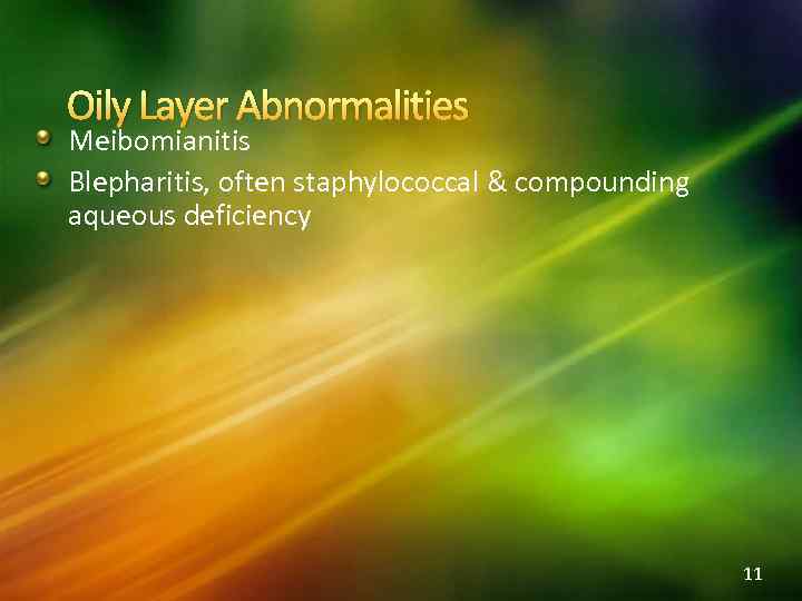 Oily Layer Abnormalities Meibomianitis Blepharitis, often staphylococcal & compounding aqueous deficiency 11 