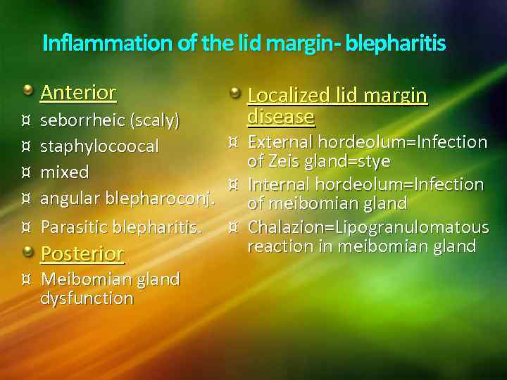 Inflammation of the lid margin- blepharitis Anterior ¤ ¤ ¤ seborrheic (scaly) staphylocoocal mixed
