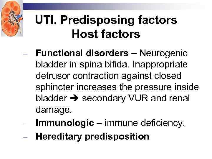 UTI. Predisposing factors Host factors Functional disorders – Neurogenic bladder in spina bifida. Inappropriate