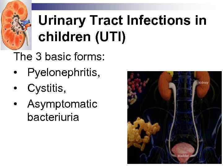 Urinary Tract Infections in children (UTI) The 3 basic forms: • Pyelonephritis, • Cystitis,