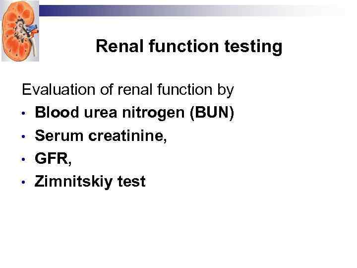 Renal function testing Evaluation of renal function by • Blood urea nitrogen (BUN) •
