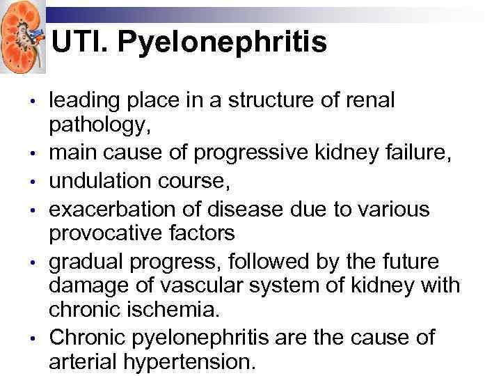 UTI. Pyelonephritis • • • leading place in a structure of renal pathology, main