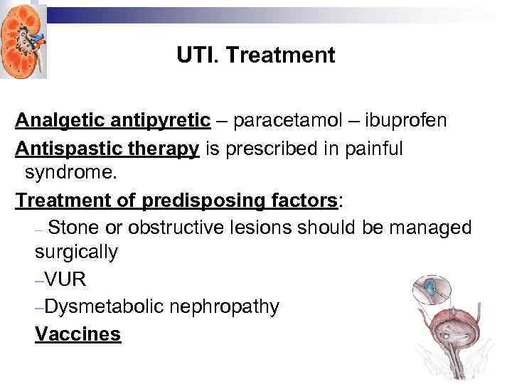 UTI. Treatment Analgetic antipyretic – paracetamol – ibuprofen Antispastic therapy is prescribed in painful