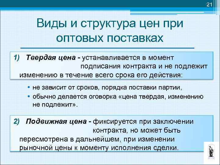 21 Виды и структура цен при оптовых поставках 1) Твердая цена - устанавливается в