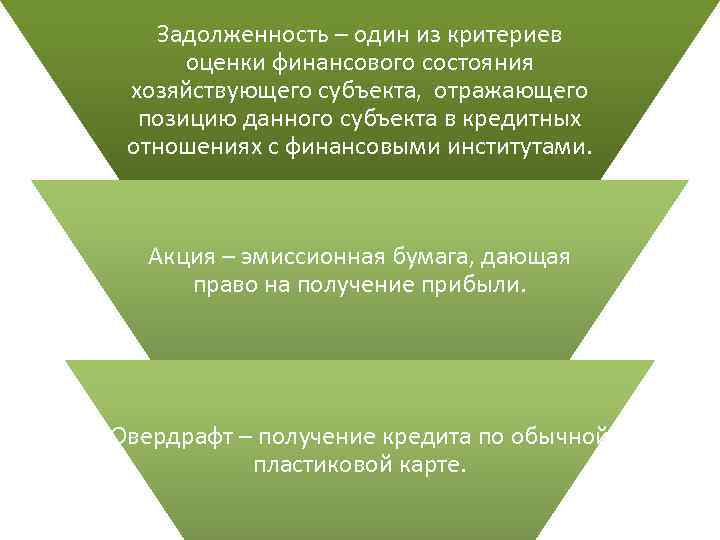 Задолженность – один из критериев оценки финансового состояния хозяйствующего субъекта, отражающего позицию данного субъекта