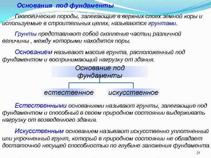 Основания под фундаменты Геологические породы, залегающие в верхних слоях земной коры и используемые в