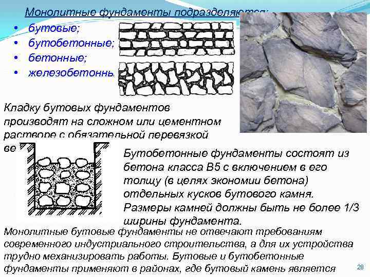  • • Монолитные фундаменты подразделяются: бутовые; бутобетонные; железобетонные. Кладку бутовых фундаментов производят на