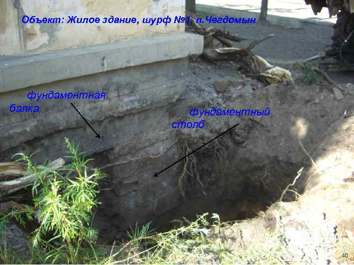 Объект: Жилое здание, шурф № 1, п. Чегдомын фундаментная балка фундаментный столб 40 