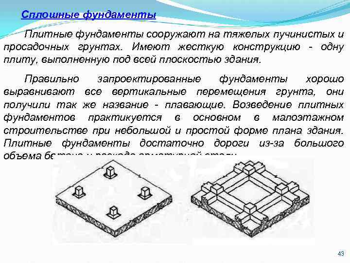 Сплошные фундаменты Плитные фундаменты сооружают на тяжелых пучинистых и просадочных грунтах. Имеют жесткую конструкцию
