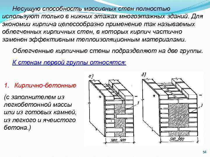 Несущую способность массивных стен полностью используют только в нижних этажах многоэтажных зданий. Для экономии