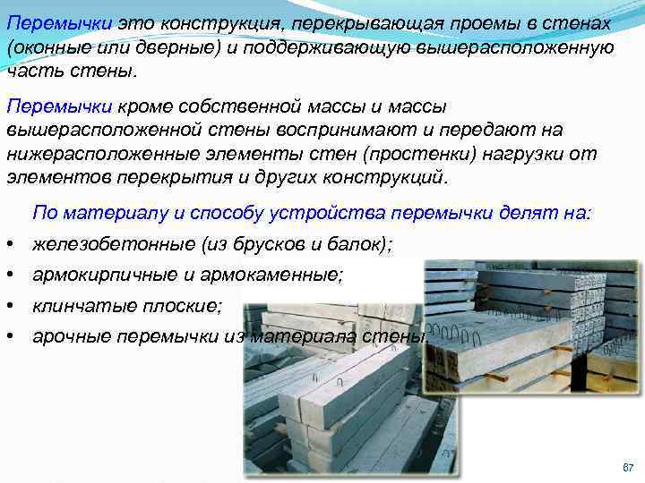 Перемычки это конструкция, перекрывающая проемы в стенах (оконные или дверные) и поддерживающую вышерасположенную часть