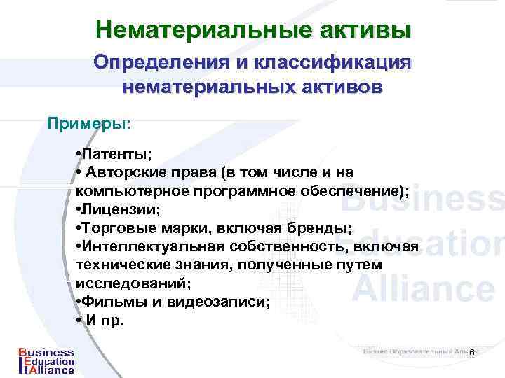 Нематериальные активы Определения и классификация нематериальных активов Примеры: • Патенты; • Авторские права (в