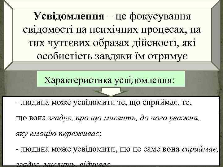 Усвідомлення – це фокусування свідомості на психічних процесах, на тих чуттєвих образах дійсності, які