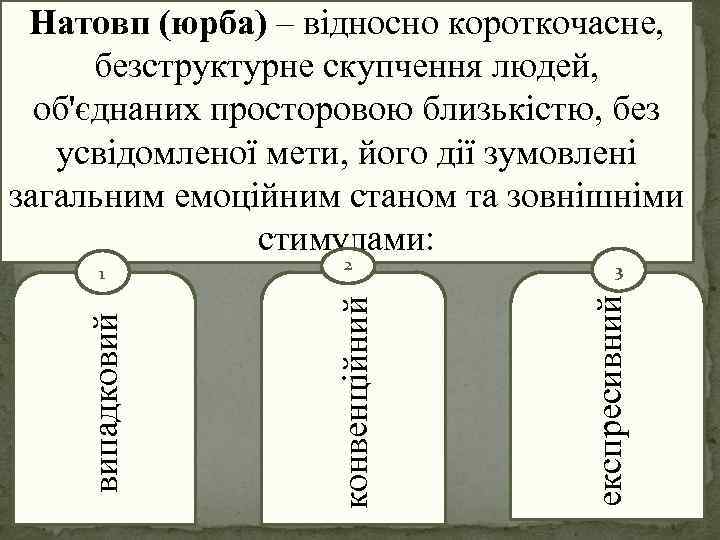Натовп (юрба) – відносно короткочасне, безструктурне скупчення людей, об'єднаних просторовою близькістю, без усвідомленої мети,