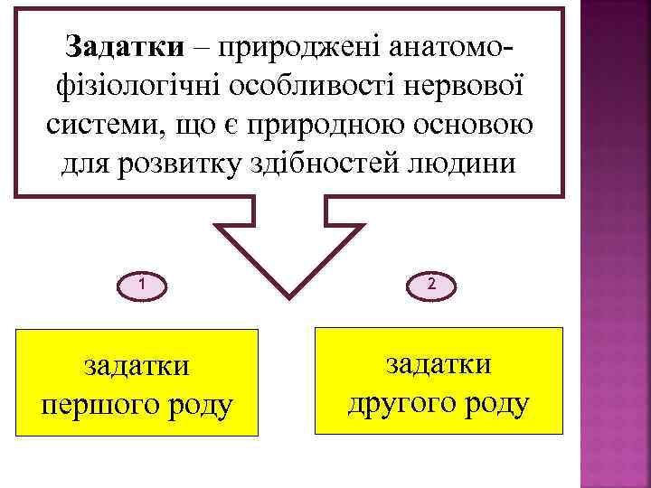 Задатки – природжені анатомо фізіологічні особливості нервової системи, що є природною основою для розвитку