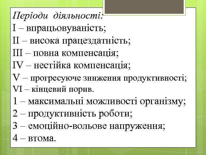 Періоди діяльності: І – впрацьовуваність; ІІ – висока працездатність; ІІІ – повна компенсація; ІV