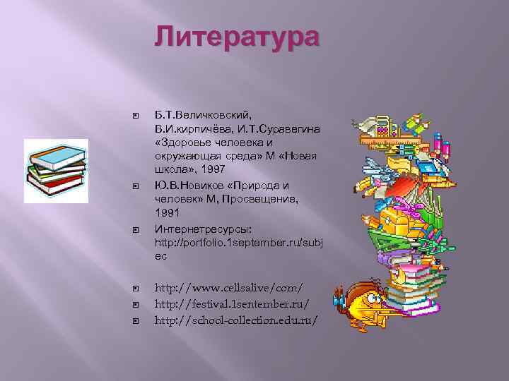 Литература Б. Т. Величковский, В. И. кирпичёва, И. Т. Суравегина «Здоровье человека и окружающая