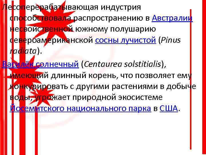 Лесоперерабатывающая индустрия способствовала распространению в Австралии несвойственной южному полушарию североамериканской сосны лучистой (Pinus radiata).