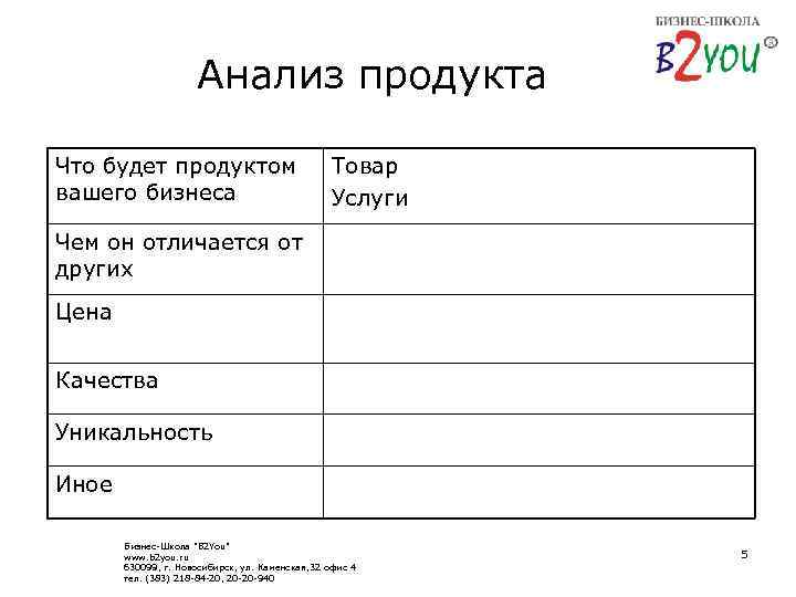 Анализ продукта Что будет продуктом вашего бизнеса Товар Услуги Чем он отличается от других