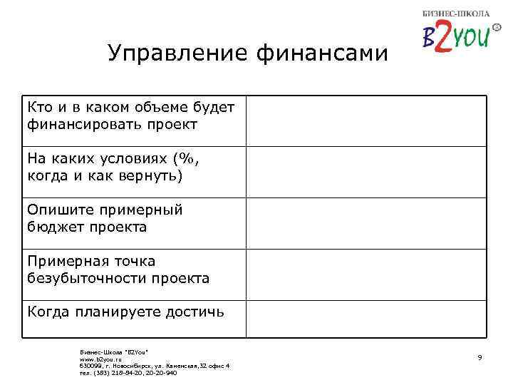 Управление финансами Кто и в каком объеме будет финансировать проект На каких условиях (%,