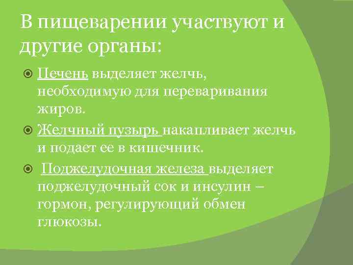 В пищеварении участвуют и другие органы: Печень выделяет желчь, необходимую для переваривания жиров. Желчный