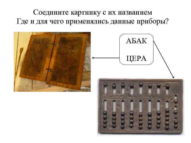 Соедините картинку с их названием Где и для чего применялись данные приборы? АБАК ЦЕРА