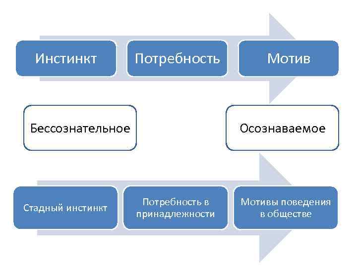 Инстинкт Потребность Бессознательное Стадный инстинкт Мотив Осознаваемое Потребность в принадлежности Мотивы поведения в обществе