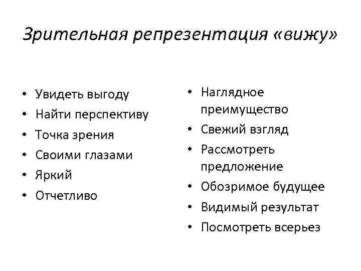 Зрительная репрезентация «вижу» • • • Увидеть выгоду Найти перспективу Точка зрения Своими глазами