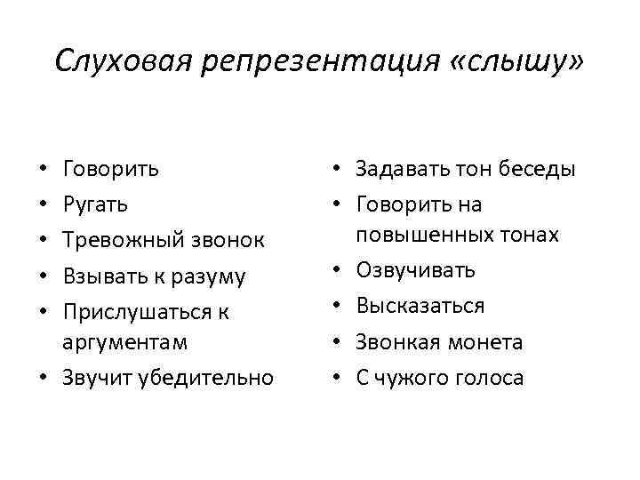 Слуховая репрезентация «слышу» Говорить Ругать Тревожный звонок Взывать к разуму Прислушаться к аргументам •