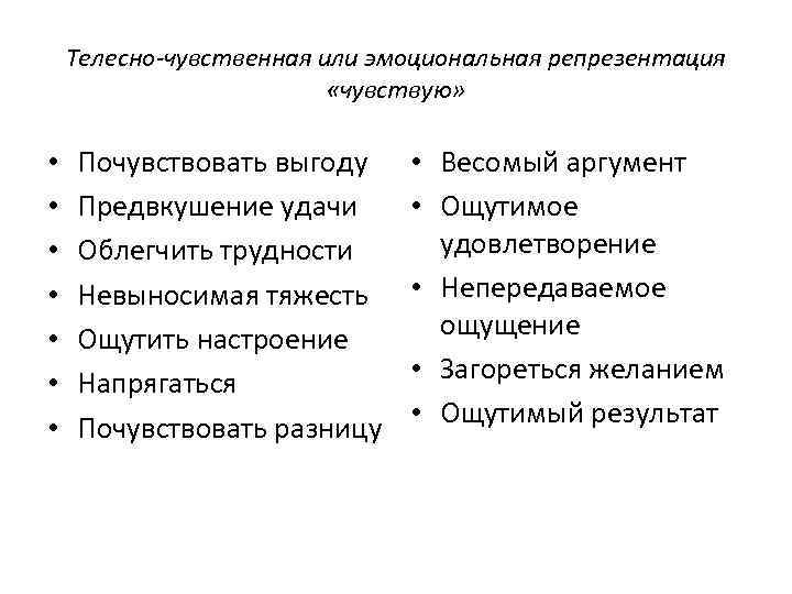 Телесно чувственная или эмоциональная репрезентация «чувствую» • • Почувствовать выгоду Предвкушение удачи Облегчить трудности