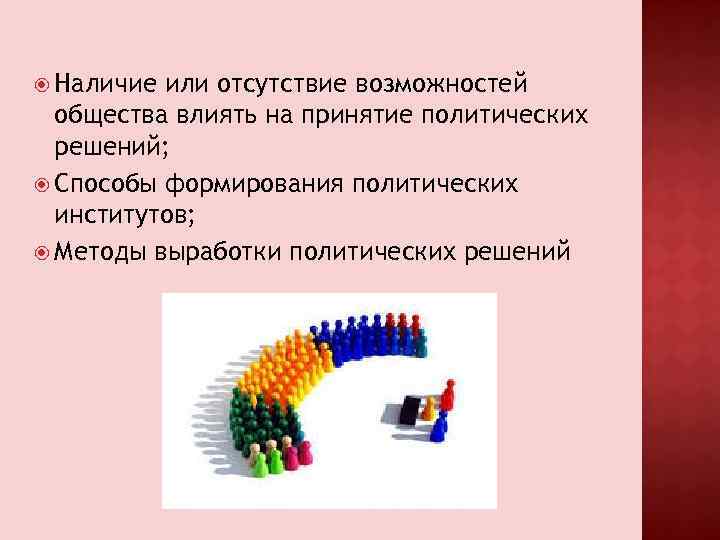  Наличие или отсутствие возможностей общества влиять на принятие политических решений; Способы формирования политических