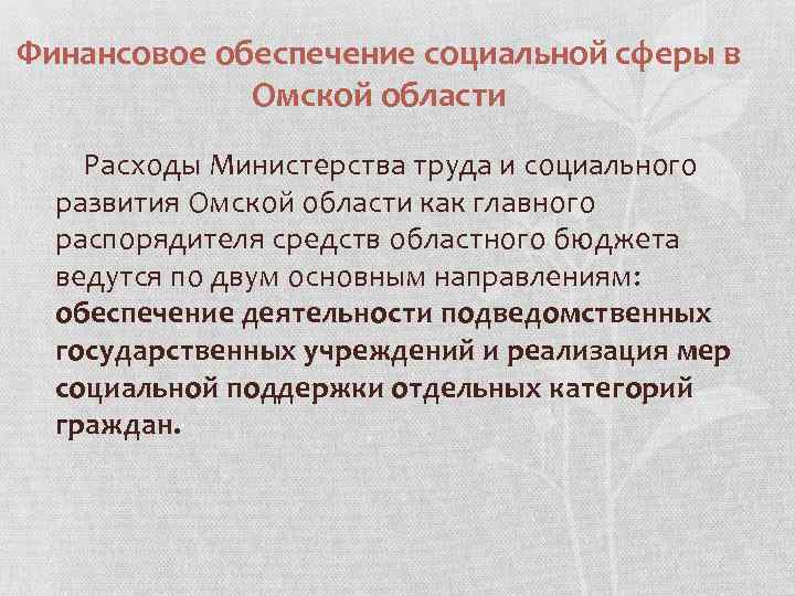 Финансовое обеспечение социальной сферы в Омской области Расходы Министерства труда и социального развития Омской