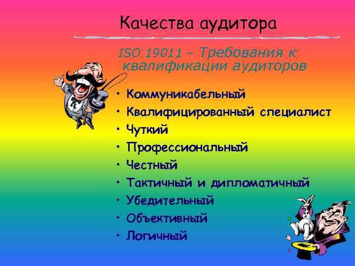 Качества аудитора ISO 19011 – Требования к квалификации аудиторов • • • Коммуникабельный Квалифицированный