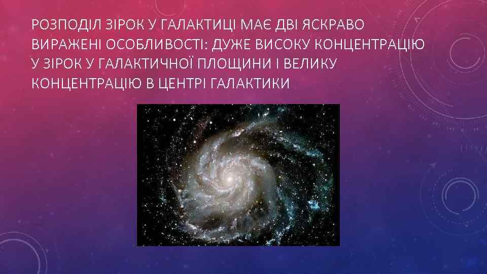 РОЗПОДІЛ ЗІРОК У ГАЛАКТИЦІ МАЄ ДВІ ЯСКРАВО ВИРАЖЕНІ ОСОБЛИВОСТІ: ДУЖЕ ВИСОКУ КОНЦЕНТРАЦІЮ У ЗІРОК