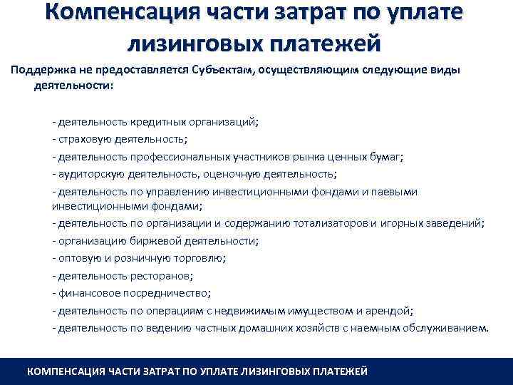 Компенсация части затрат по уплате лизинговых платежей Поддержка не предоставляется Субъектам, осуществляющим следующие виды