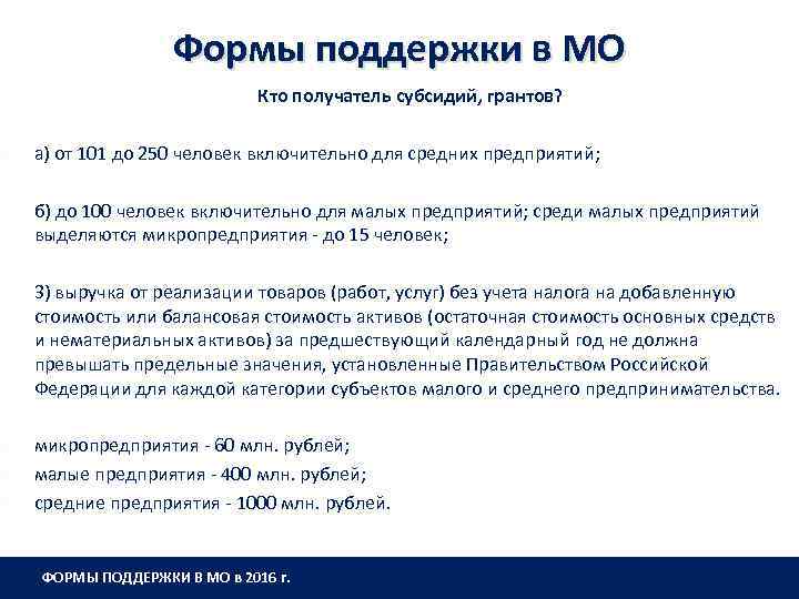  Формы поддержки в МО Кто получатель субсидий, грантов? а) от 101 до 250