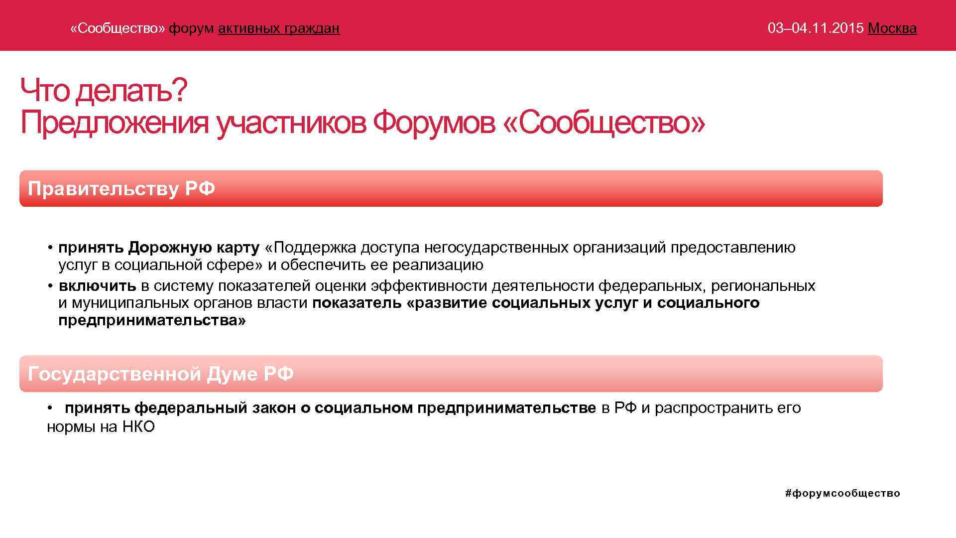  «Сообщество» форум активных граждан 03– 04. 11. 2015 Москва Что делать? Предложения участников