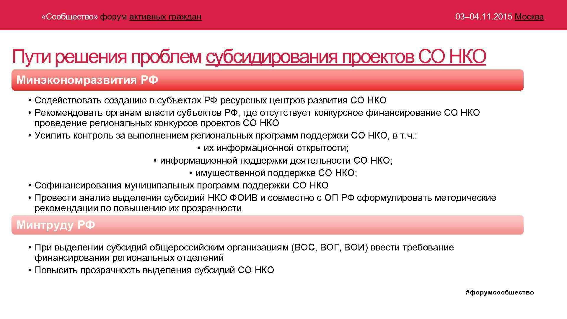  «Сообщество» форум активных граждан 03– 04. 11. 2015 Москва Пути решения проблем субсидирования