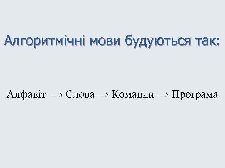 Алгоритмічні мови будуються так: Алфавіт → Слова → Команди → Програма 