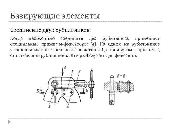 Базирующие элементы Соединение двух рубильников: Когда необходимо соединить два рубильника, применяют специальные прижимы-фиксаторы (в).