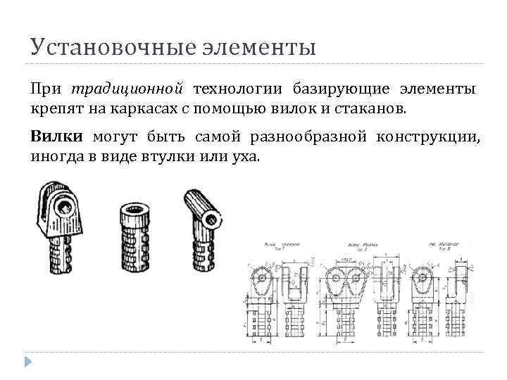 Установочные элементы При традиционной технологии базирующие элементы крепят на каркасах с помощью вилок и