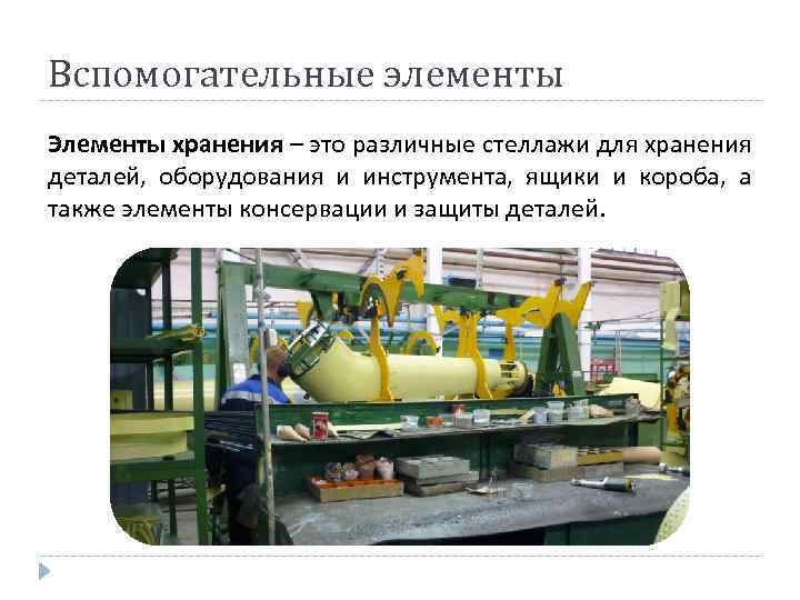 Вспомогательные элементы Элементы хранения – это различные стеллажи для хранения деталей, оборудования и инструмента,