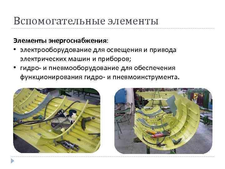 Вспомогательные элементы Элементы энергоснабжения: • электрооборудование для освещения и привода электрических машин и приборов;