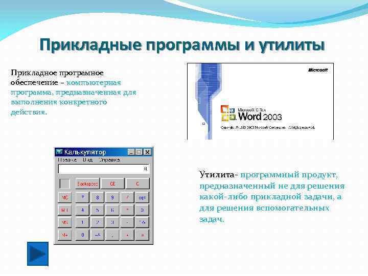 Прикладные программы и утилиты Прикладное програмное обеспечение – компьютерная программа, предназначенная для выполнения конкретного