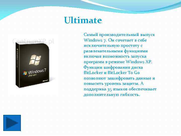 Ultimate Самый производительный выпуск Windows 7. Он сочетает в себе исключительную простоту с развлекательными