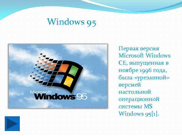 Windows 95 Первая версия Microsoft Windows CE, выпущенная в ноябре 1996 года, была «урезанной»