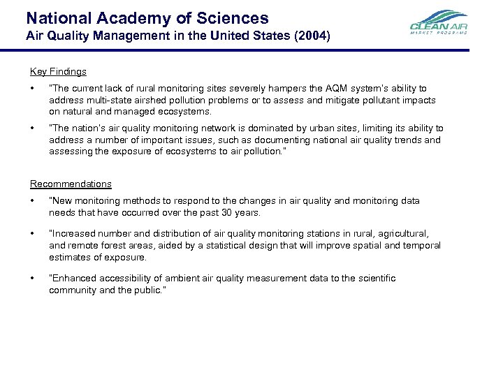 National Academy of Sciences Air Quality Management in the United States (2004) Key Findings