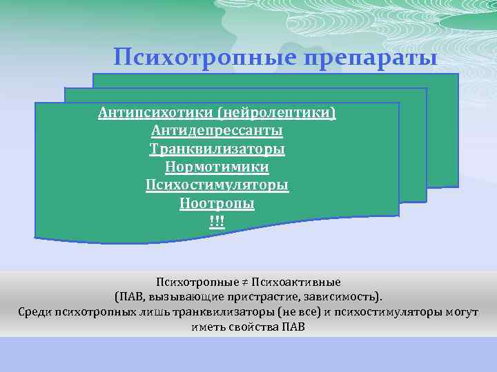 Психотропные препараты Антипсихотики (нейролептики) Антидепрессанты Транквилизаторы Нормотимики Психостимуляторы Ноотропы !!! Психотропные ≠ Психоактивные (ПАВ,