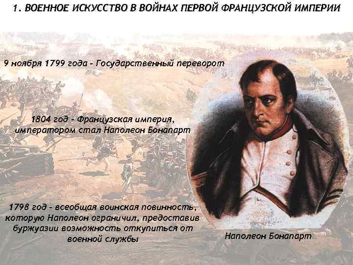 1. ВОЕННОЕ ИСКУССТВО В ВОЙНАХ ПЕРВОЙ ФРАНЦУЗСКОЙ ИМПЕРИИ 9 ноября 1799 года - Государственный