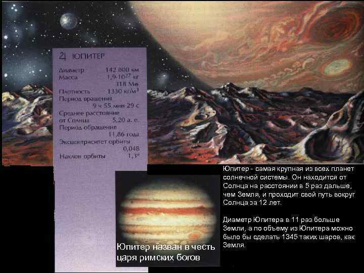 Юпитер - самая крупная из всех планет солнечной системы. Он находится от Солнца на
